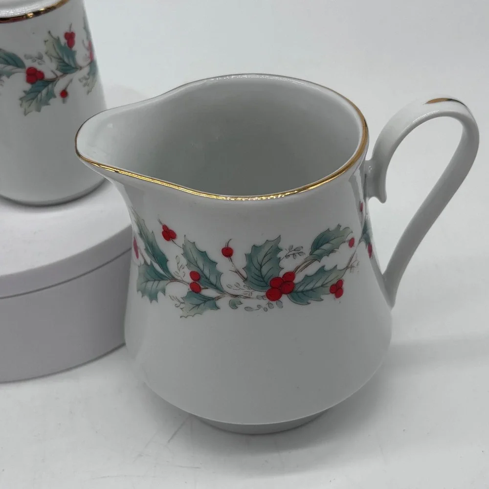 China Pearl Holly Berry Christmas Creamer Sugar Salt Pepper Set White Holiday